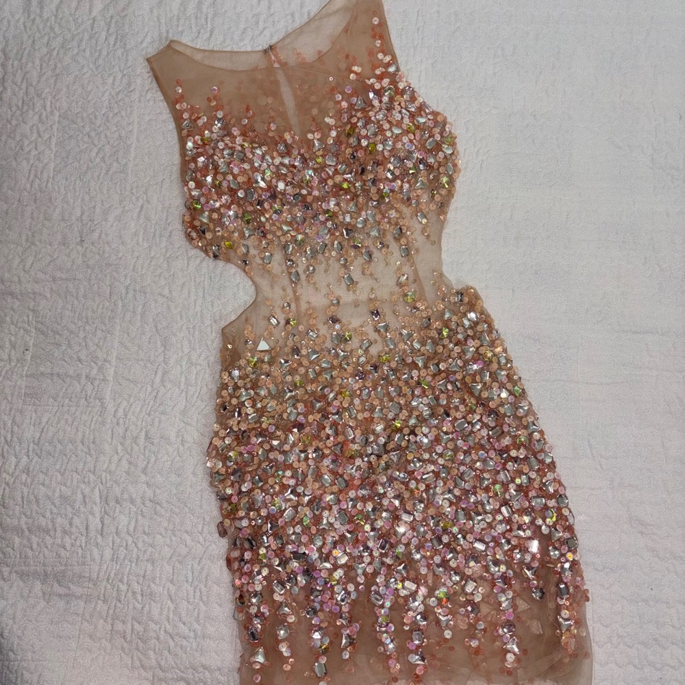 Claudine Sequin Gem Cutout Mesh Mini Dress Peach Pink Formal Size 6